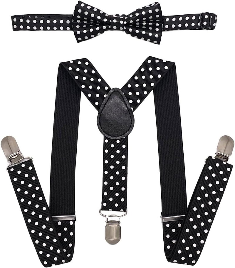 Sun-Trade Child Kids Clip-on Dot Suspenders Elastic Y-Shape Adjustable with Clips and Bow Tie Set for Boys and Girls - Image 1